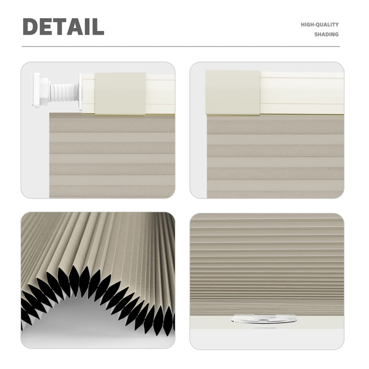 Beige no-drill cellular honeycomb shade: headrail, fabric and bottom rail details