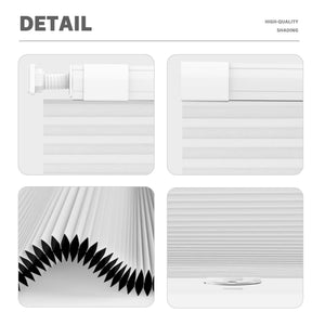 White no-drill cellular honeycomb shade: headrail, fabric and bottom rail details