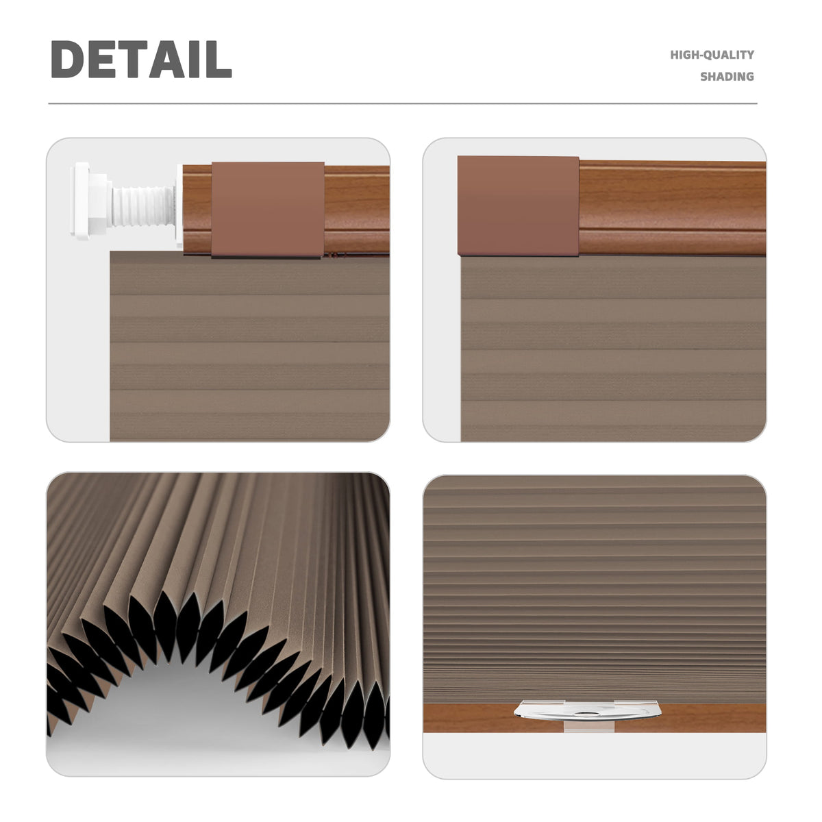Brown no-drill cellular honeycomb shade: headrail, fabric and bottom rail details