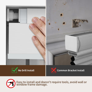 Gray no-drill cellular honeycomb shade: no-drill mounting hardware comparison
