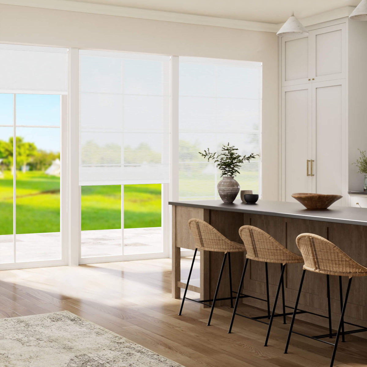White Roman shade: in a dining room