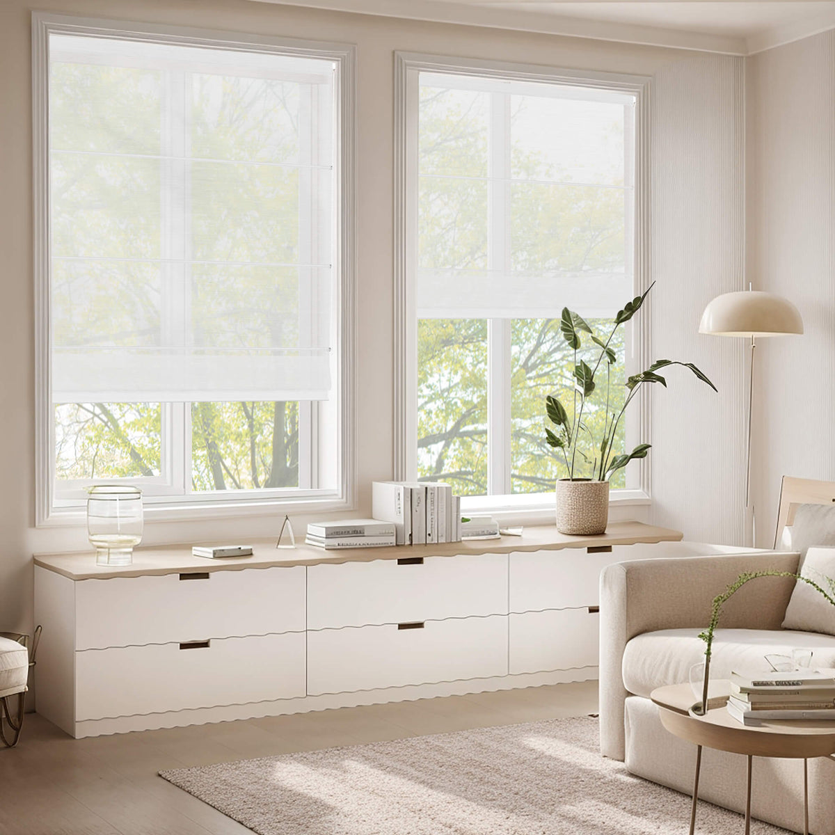 White Roman shade: above a window seat