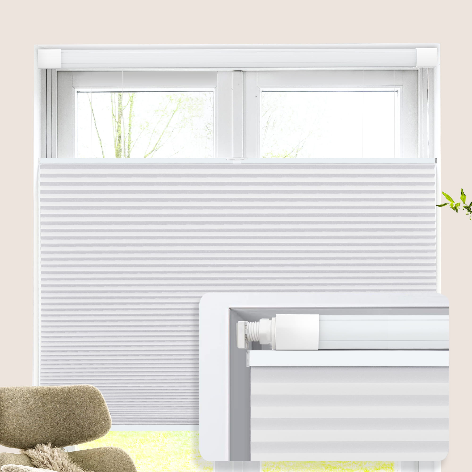 Tool-Free Drill-Free Cordless Cellular Honeycomb Shades for Inside Window Mount, Top-Down Bottom-Up Lift, 1 Inch Honeycomb Fabric, Opaque White, 28 Inches Width Custom Size