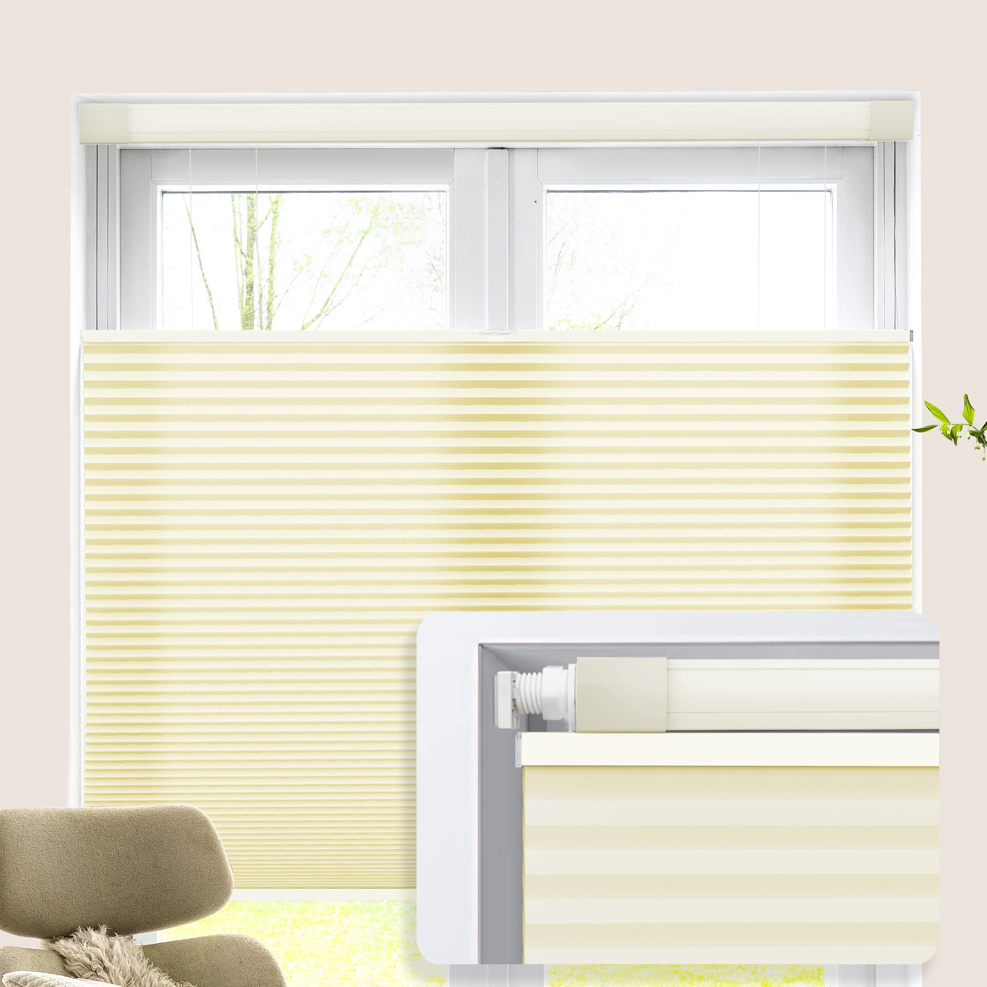 Tool-Free Drill-Free Cordless Cellular Honeycomb Shades for Inside Window Mount, Top-Down Bottom-Up Lift, 1 Inch Honeycomb Fabric, Opaque White, 28 Inches Width Custom Size