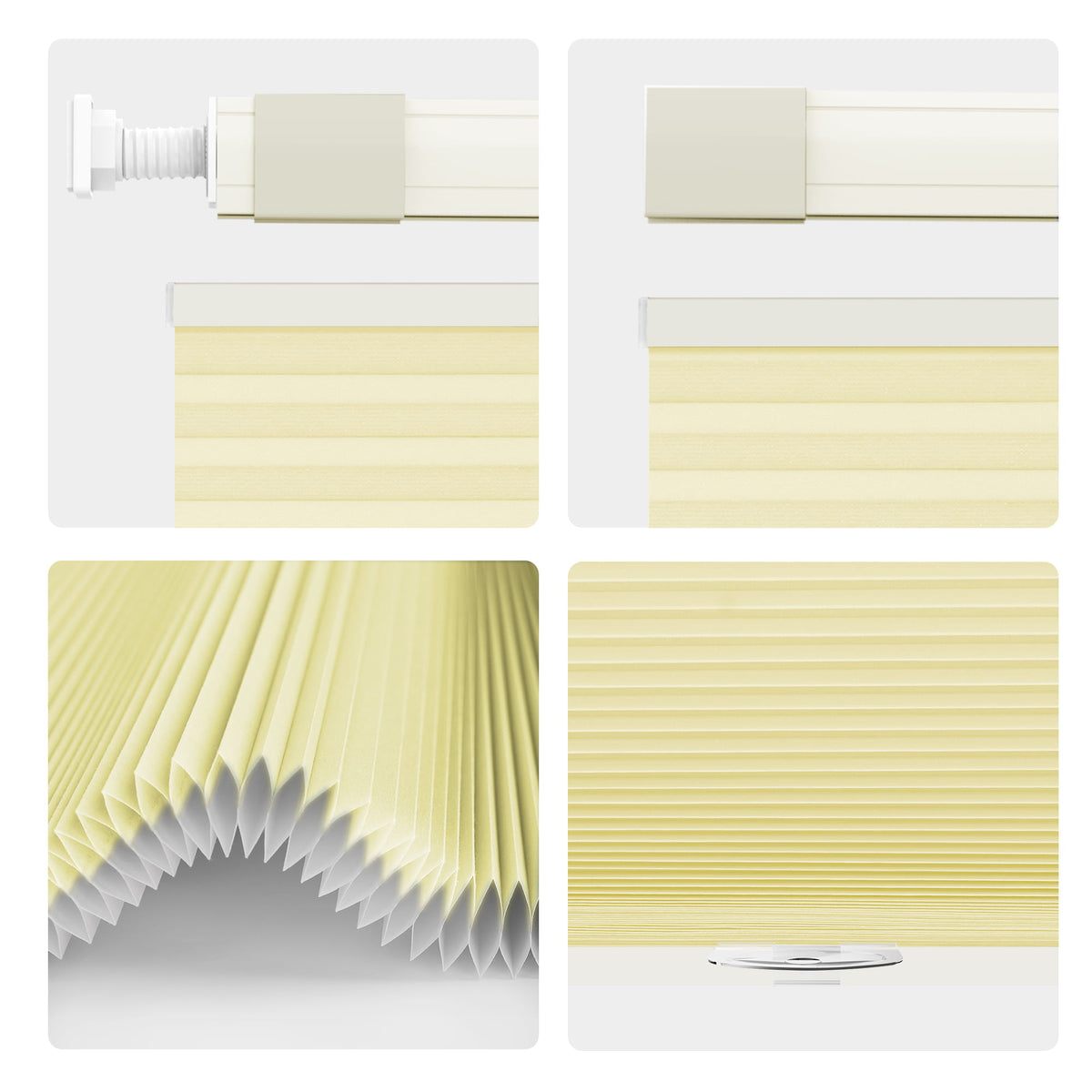 Yellow top-down bottom-up no-drill cellular honeycomb shade: headrail, fabric and bottom rail details