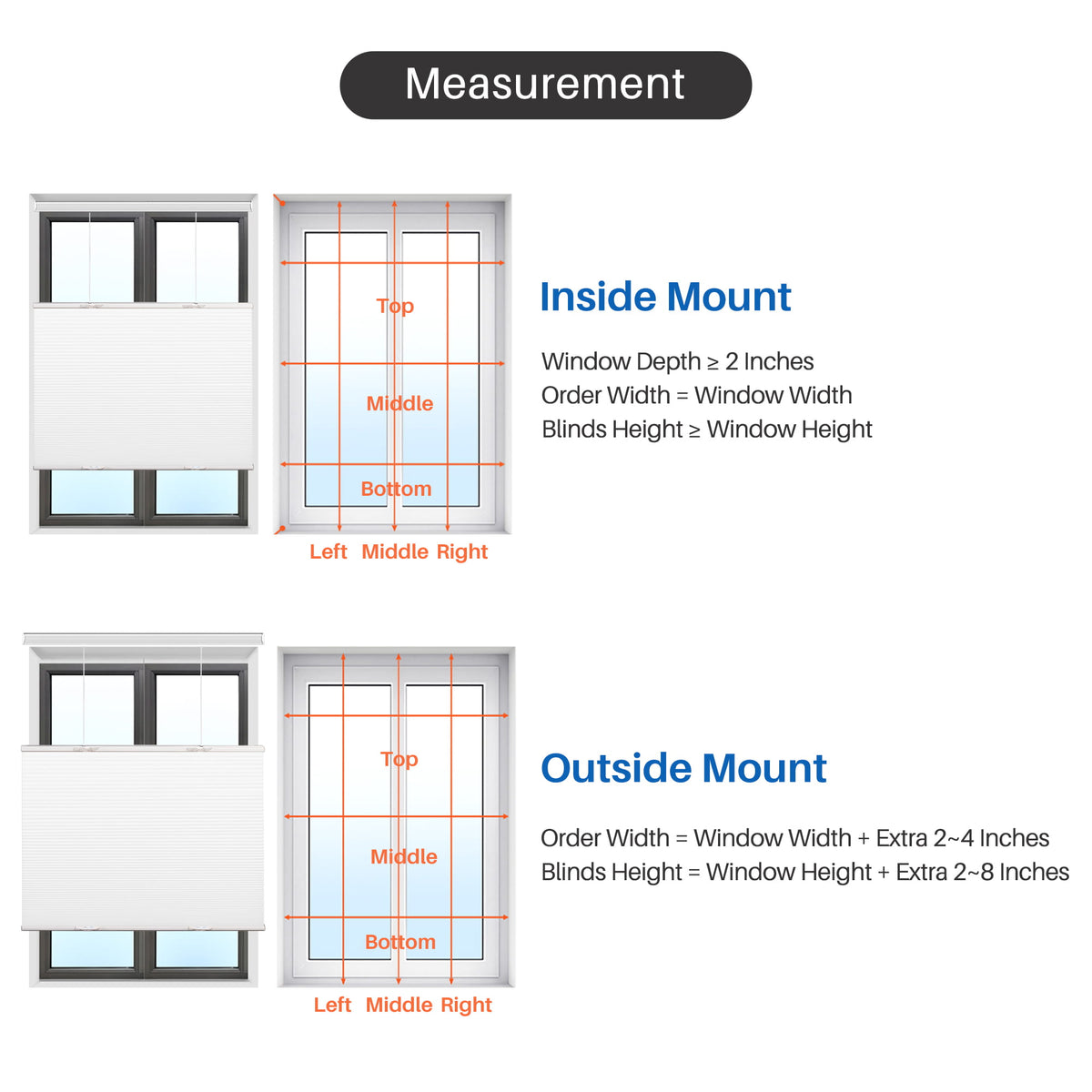 Inside-mount and outside-mount measuring guide for top-down bottom-up cellular honeycomb shades