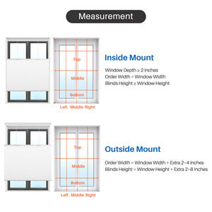Inside-mount and outside-mount measuring guide for top-down bottom-up cellular honeycomb shades