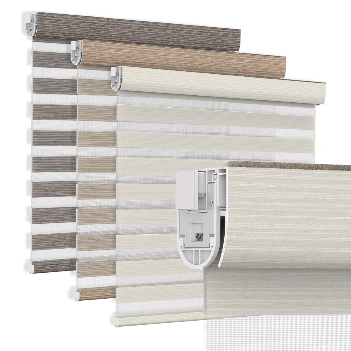 Off-white no-drill zebra blind: layered fabric color options