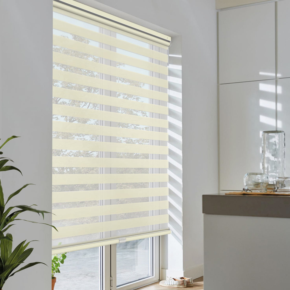 Cream no-drill zebra blind: angled product view