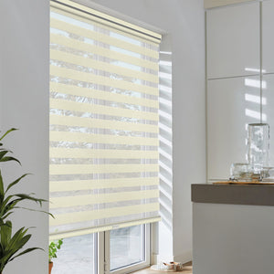 Cream no-drill zebra blind: angled product view