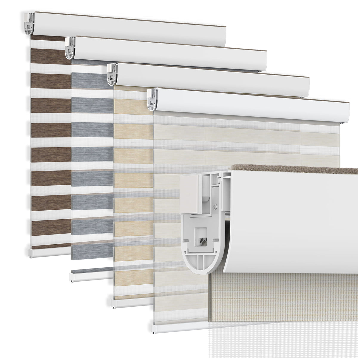 White no-drill zebra blind: layered fabric color options