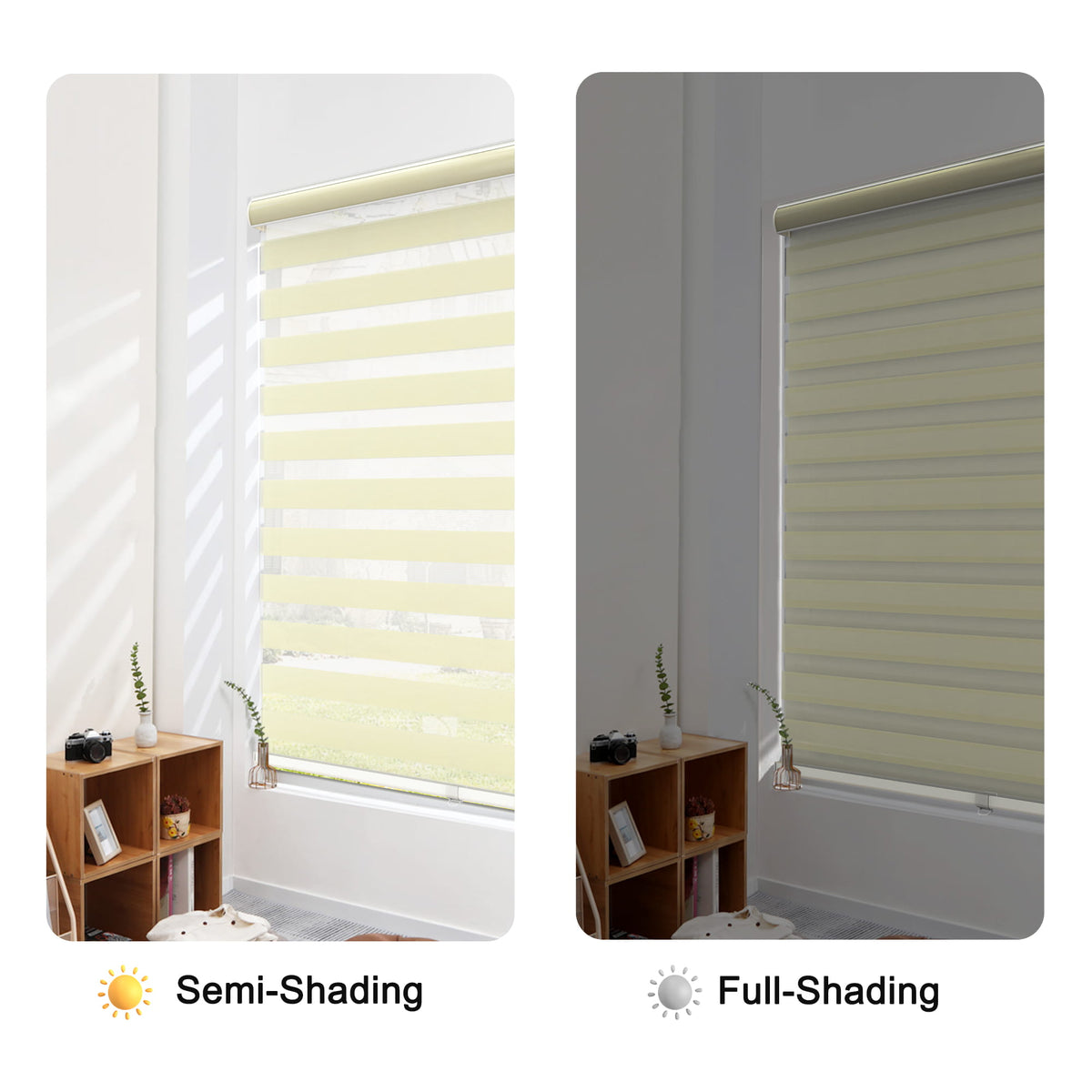 Cream zebra blind: open and closed sheer and opaque stripe alignment