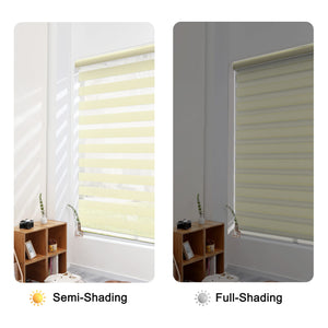 Cream zebra blind: open and closed sheer and opaque stripe alignment