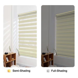 Cream no-drill zebra blind: open and closed sheer and opaque stripe alignment