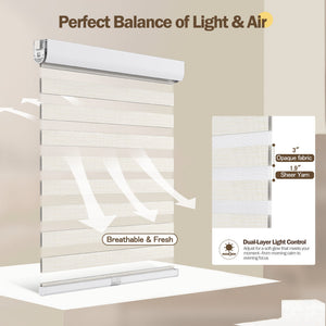 White no-drill zebra blind: light control through sheer and opaque stripes
