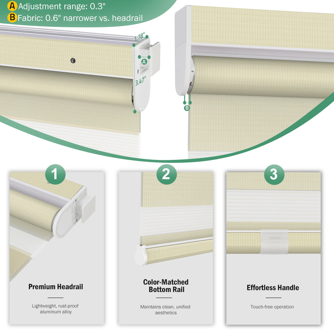 Cream no-drill zebra blind: headrail, fabric and bottom rail details