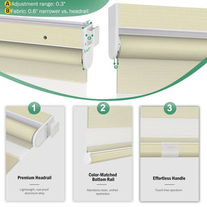 Cream no-drill zebra blind: headrail, fabric and bottom rail details