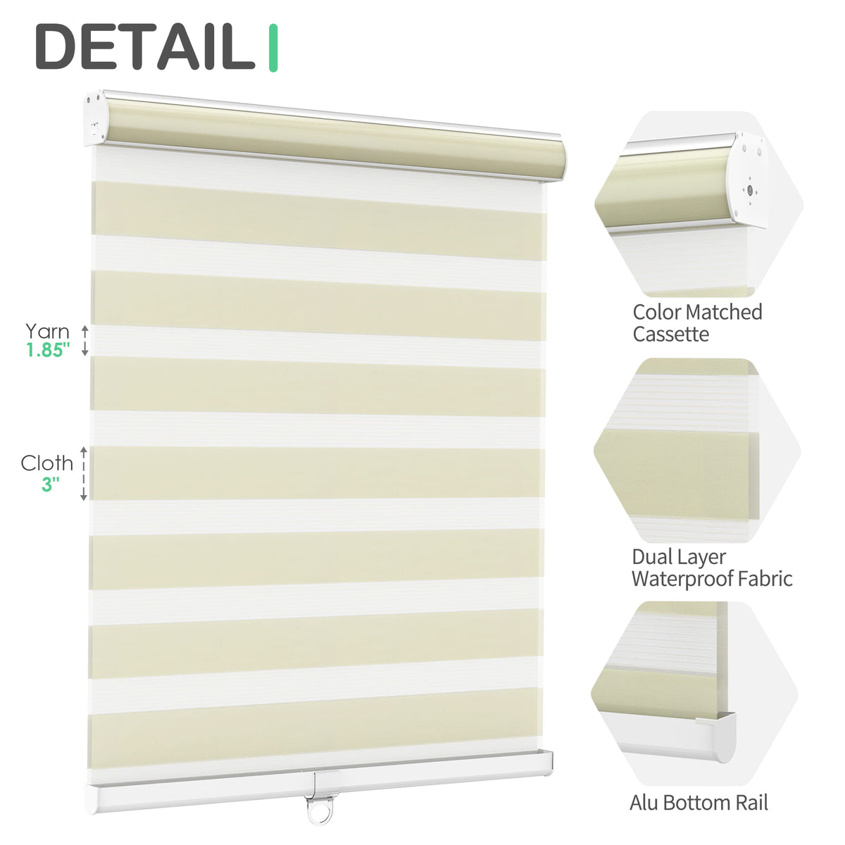 Cream zebra blind: headrail, fabric and bottom rail details