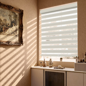 Off-white no-drill zebra blind: in a furnished room