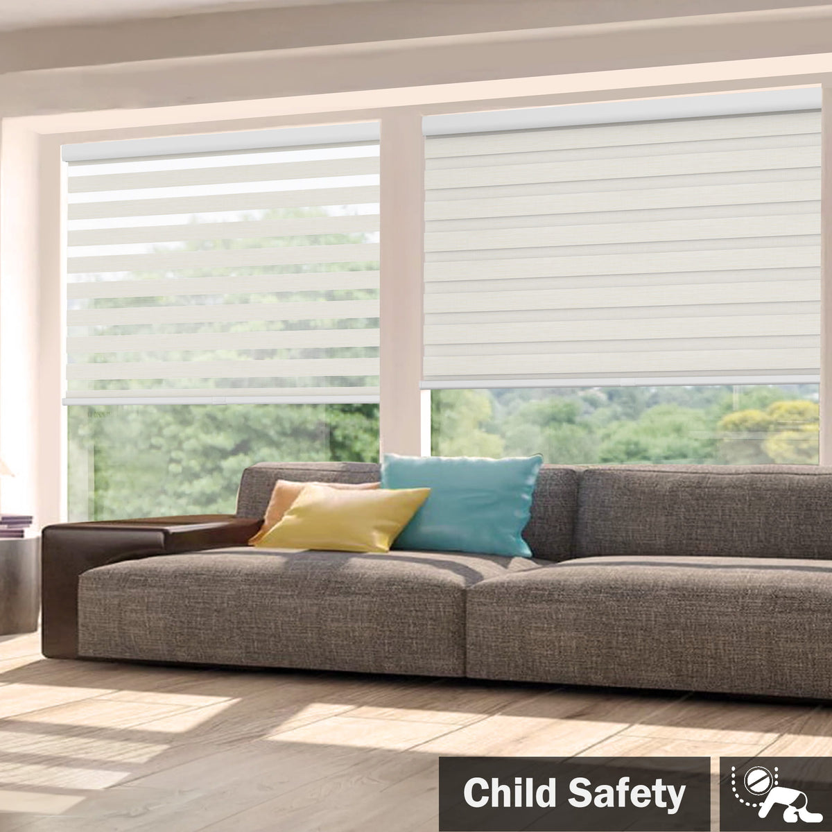White no-drill zebra blind: in a furnished room