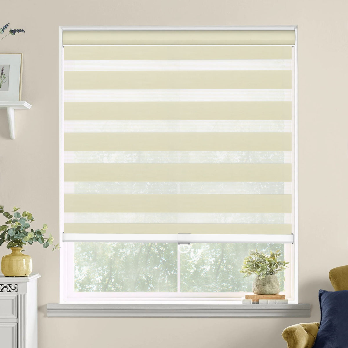 Cream zebra blind: on a window