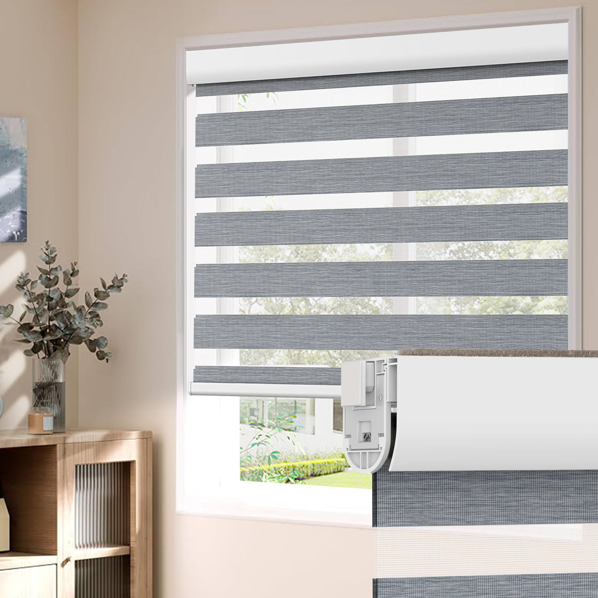 Gray no-drill zebra blind: on a window