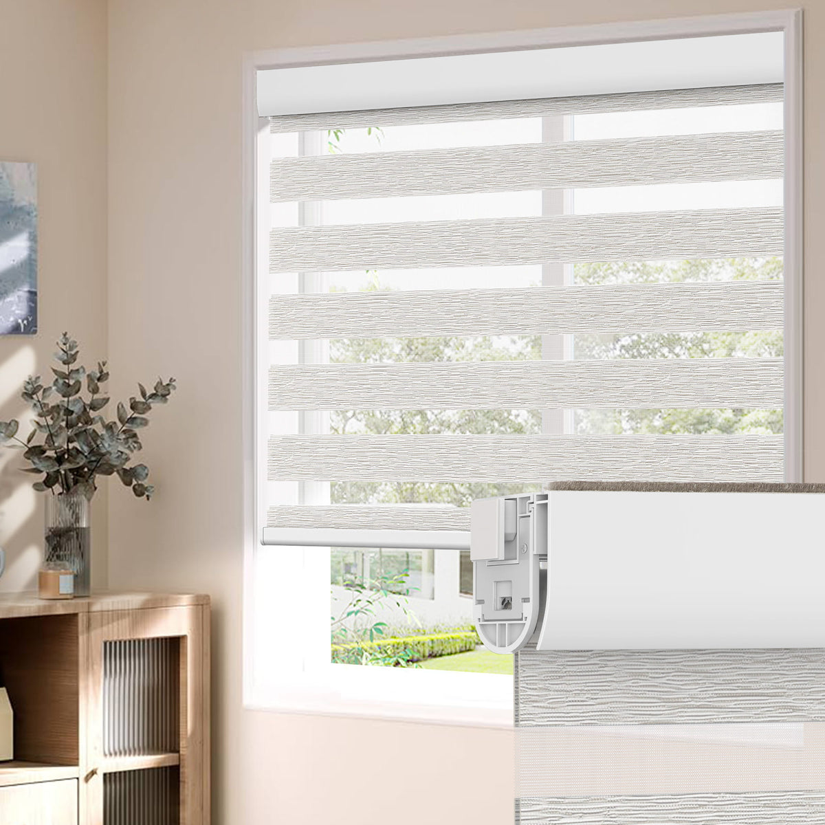 Light gray no-drill zebra blind: on a window