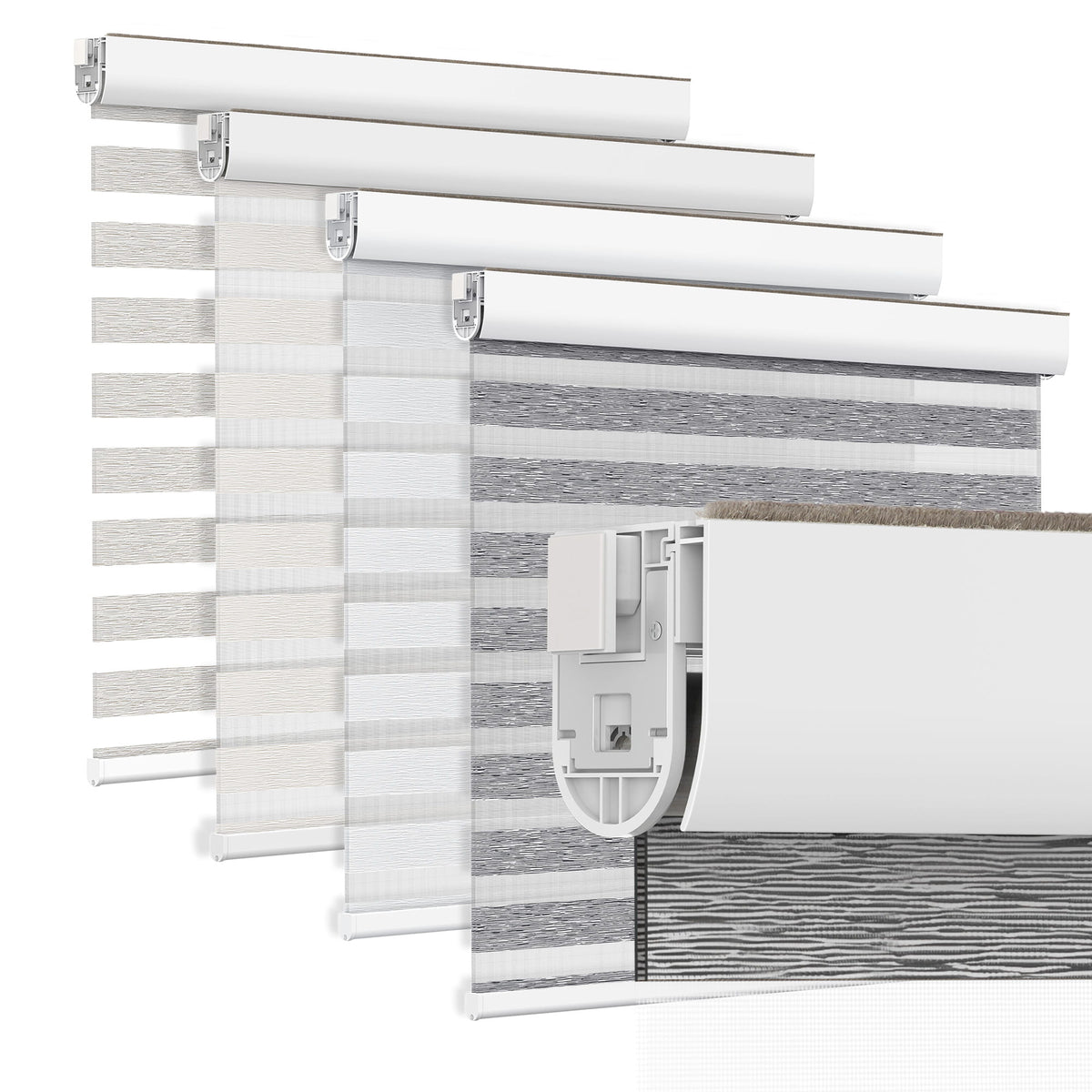 Gray no-drill zebra blind: layered fabric color options
