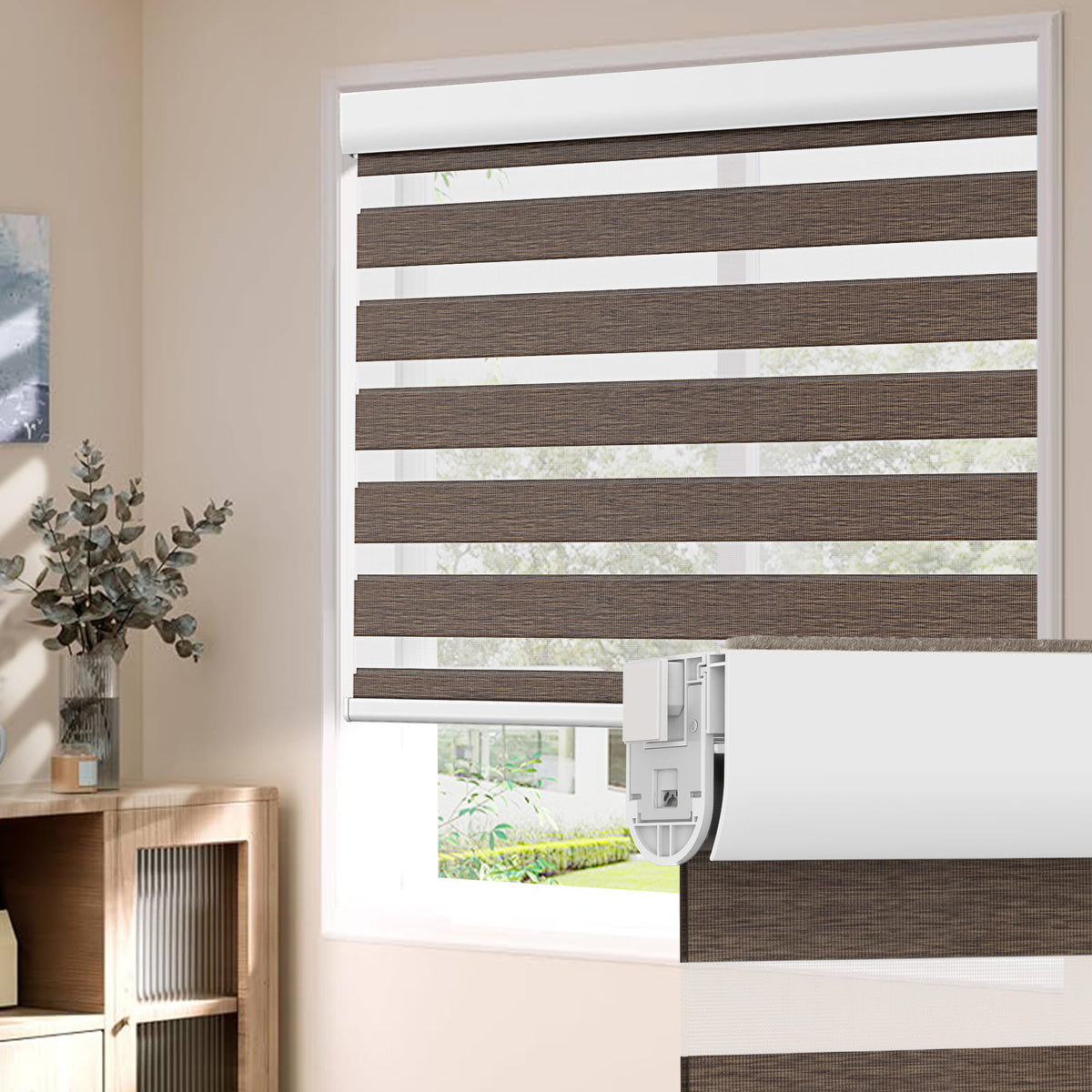 Brown no-drill zebra blind: on a window