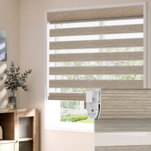 Tan no-drill zebra blind: on a window
