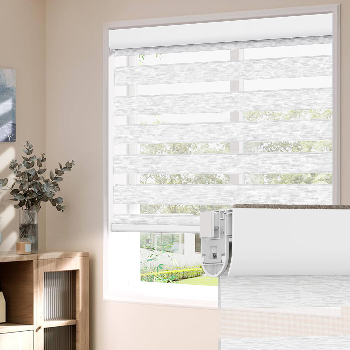 White no-drill zebra blind: on a window