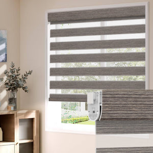 Brown no-drill zebra blind: on a window
