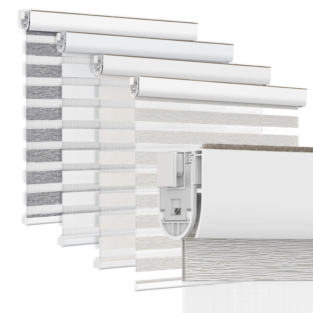 Light gray no-drill zebra blind: layered fabric color options