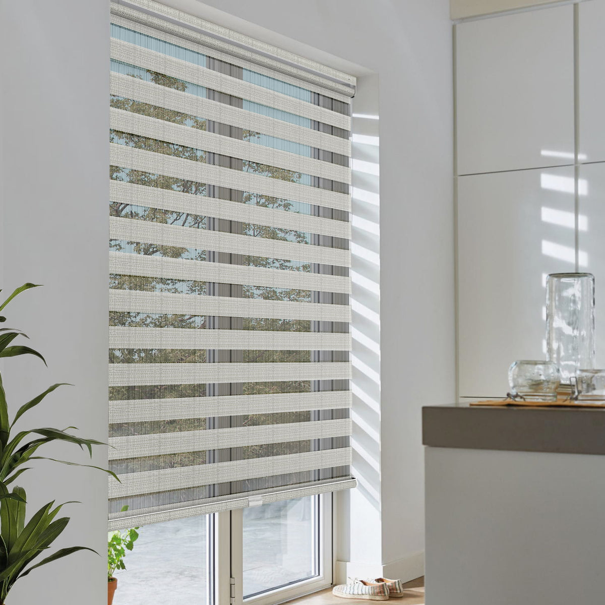 Gray no-drill zebra blind: angled product view