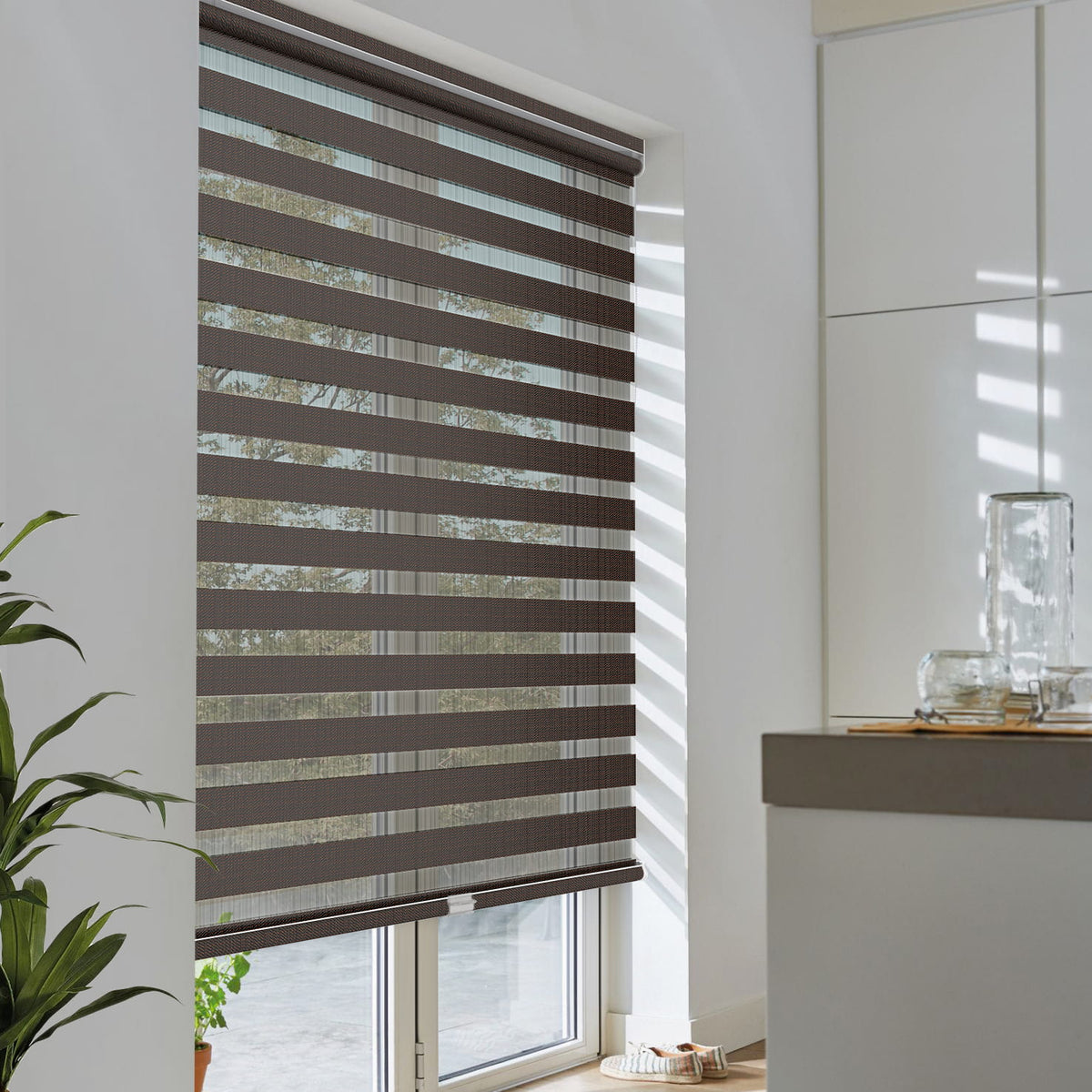 Dark brown no-drill zebra blind: angled product view