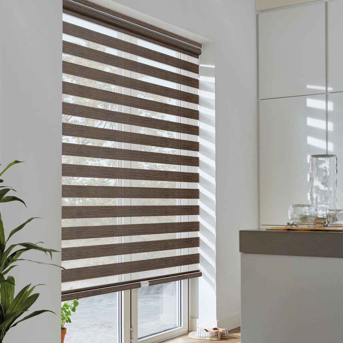 Dark brown no-drill zebra blind: angled product view