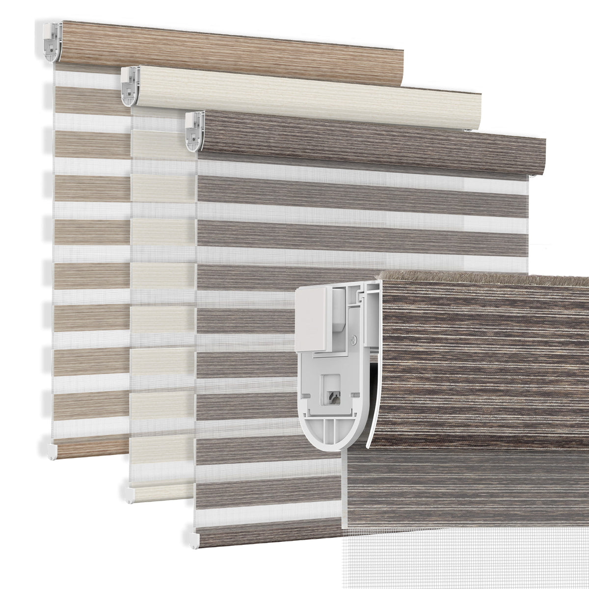 Brown no-drill zebra blind: layered fabric color options