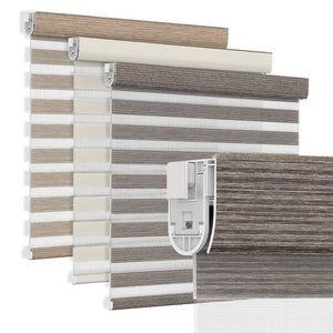 Brown no-drill zebra blind: layered fabric color options