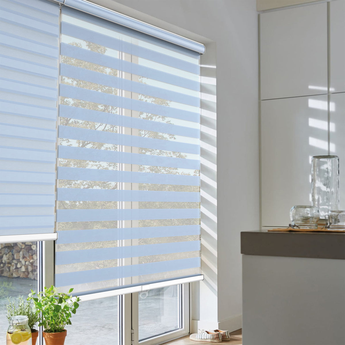 Blue zebra blind: angled product view