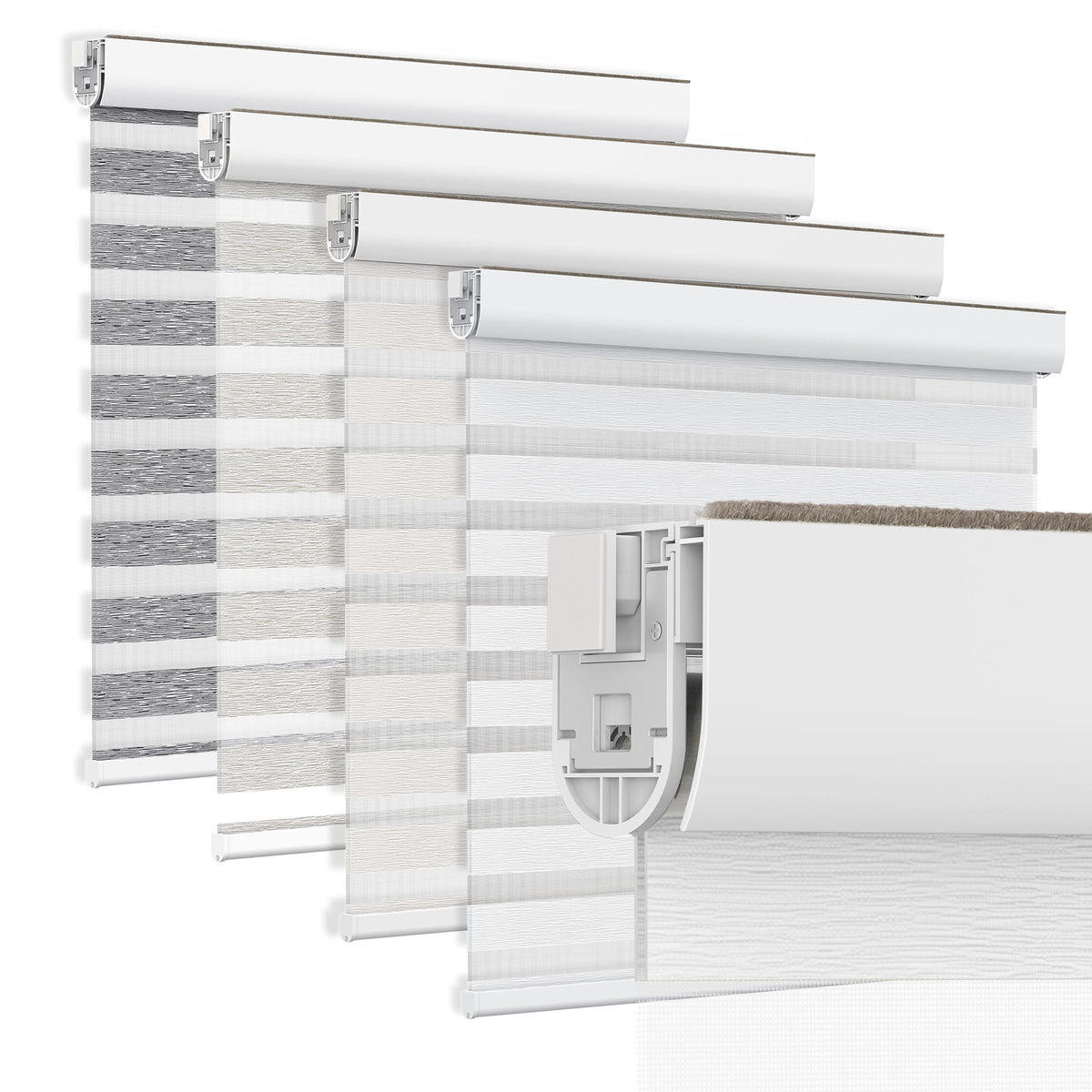 White no-drill zebra blind: layered fabric color options