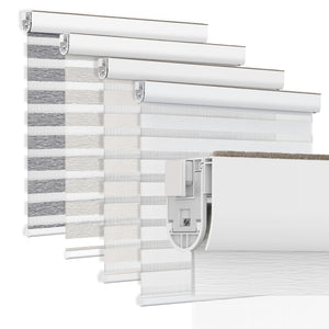 White no-drill zebra blind: layered fabric color options
