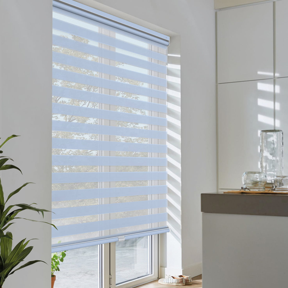 Blue no-drill zebra blind: angled product view