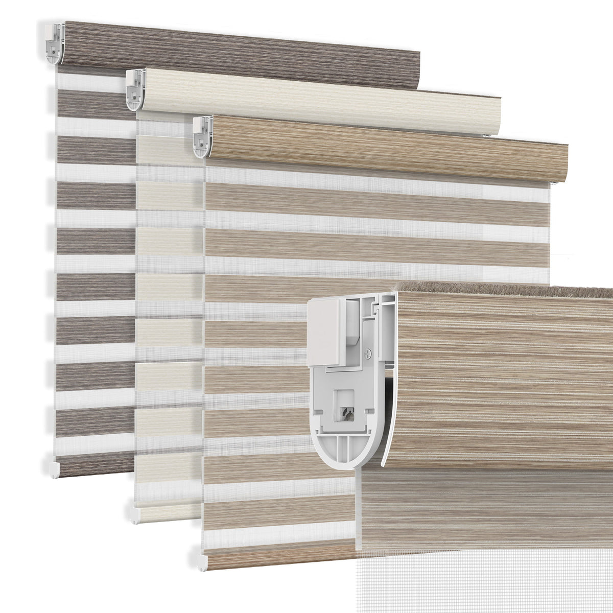 Tan no-drill zebra blind: layered fabric color options