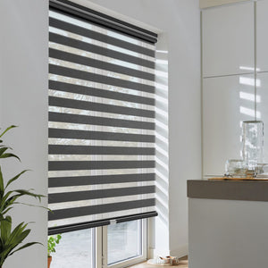 Black no-drill zebra blind: angled product view