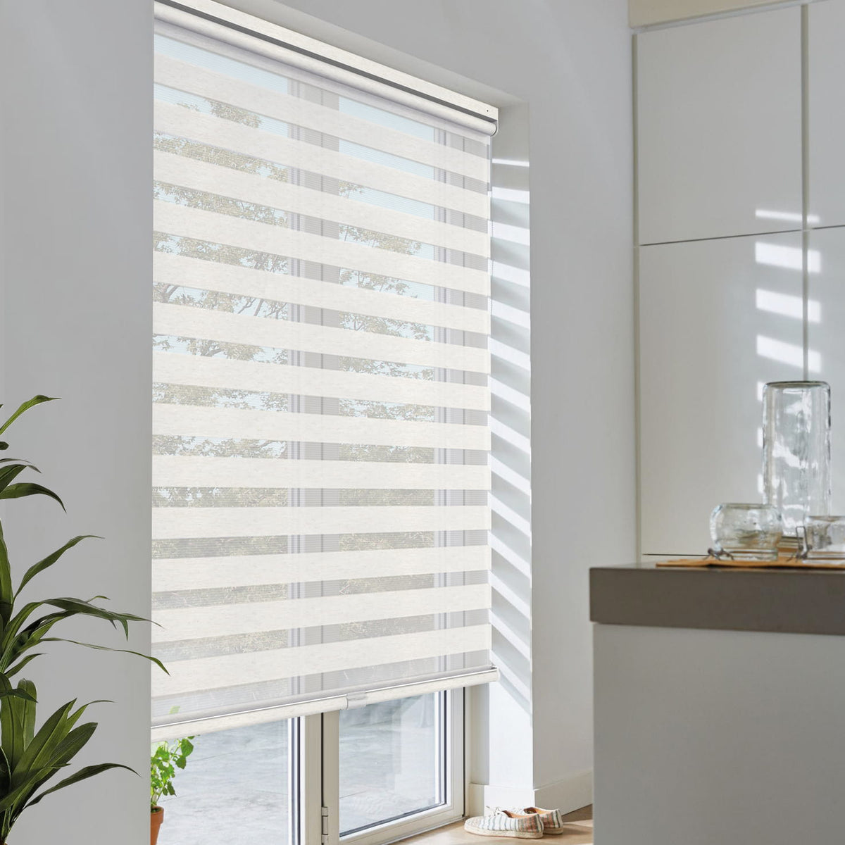 White no-drill zebra blind: angled product view
