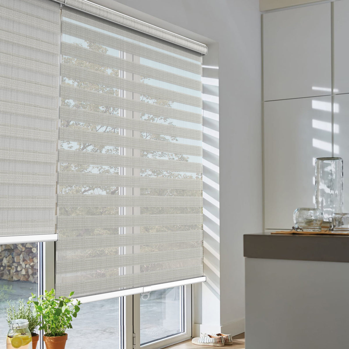 Light gray zebra blind: angled product view