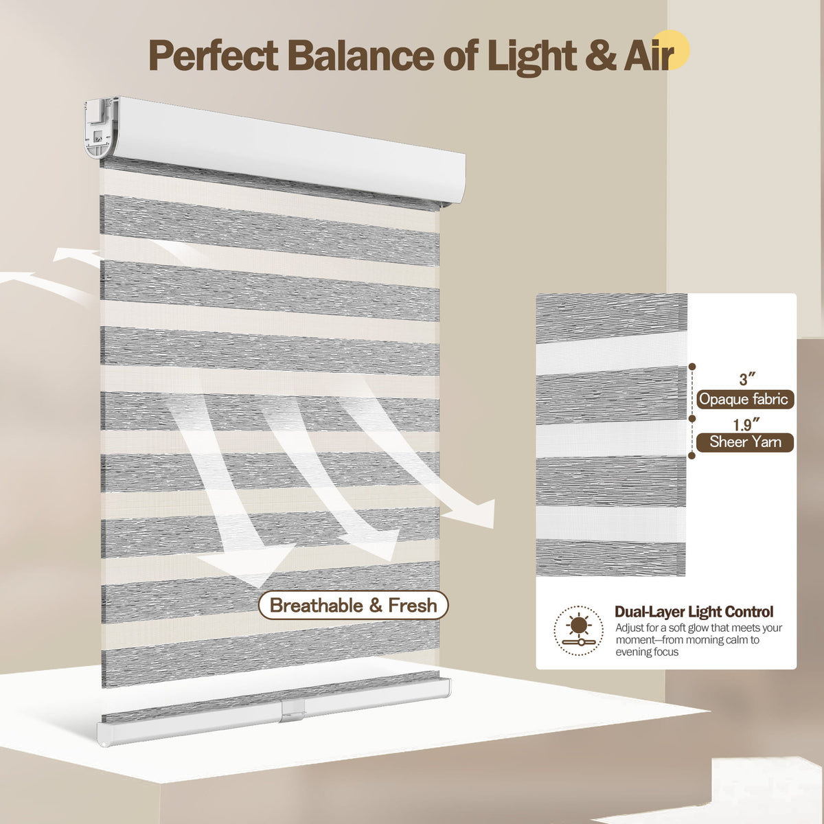 Gray no-drill zebra blind: light control through sheer and opaque stripes