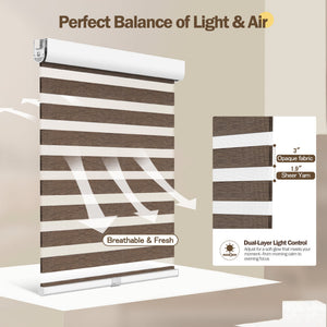 Brown no-drill zebra blind: light control through sheer and opaque stripes