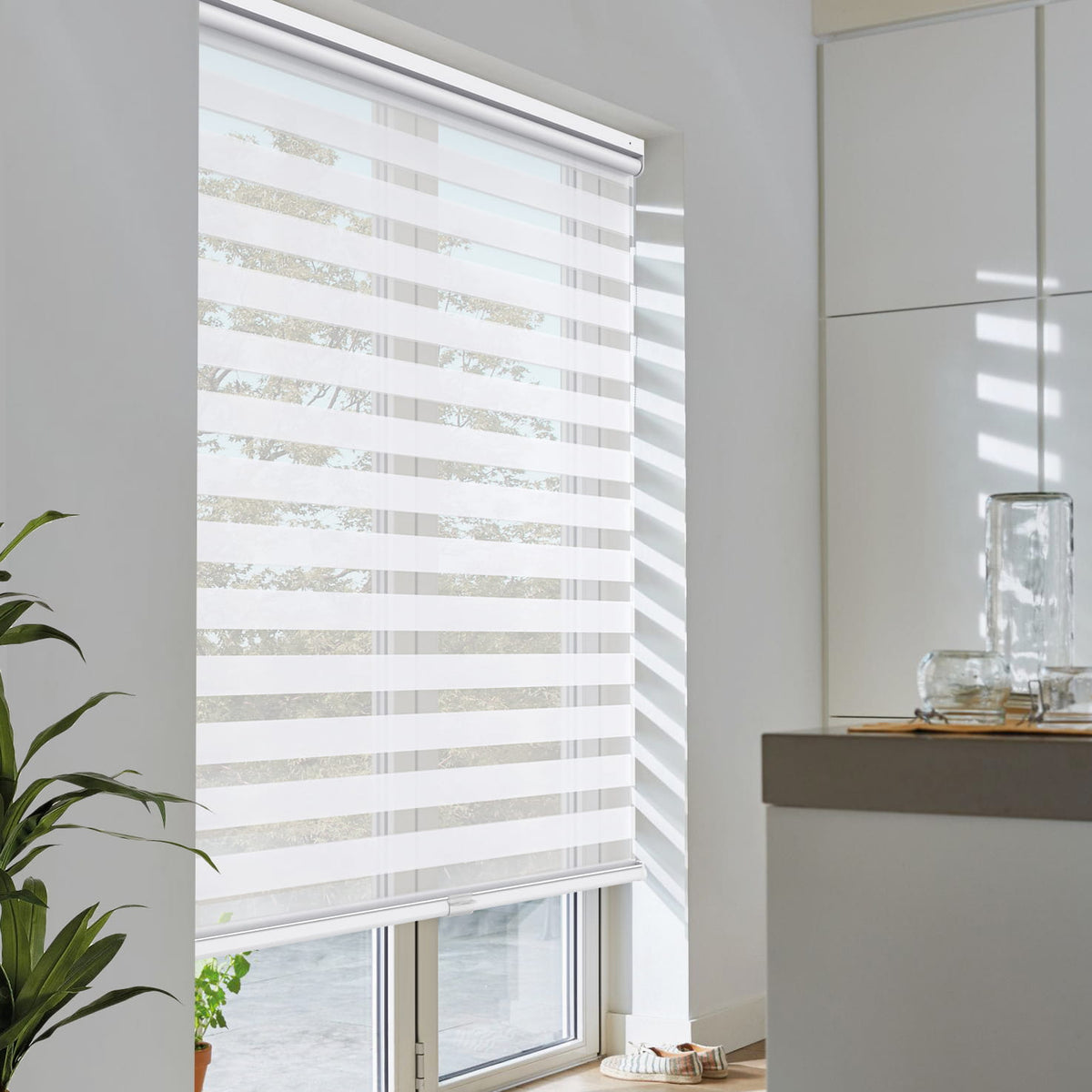 White no-drill zebra blind: angled product view