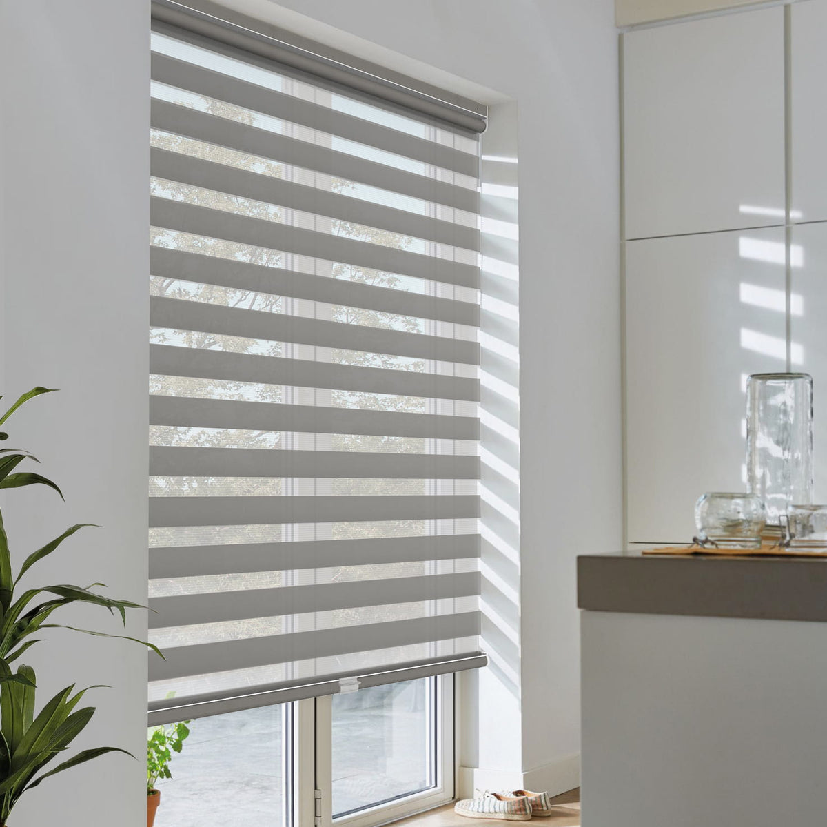Gray no-drill zebra blind: angled product view